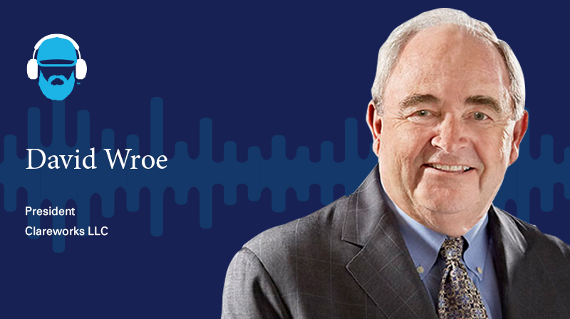 A photo of David Wroe President, Clareworks LLC on a dark blue background with a soundwave design