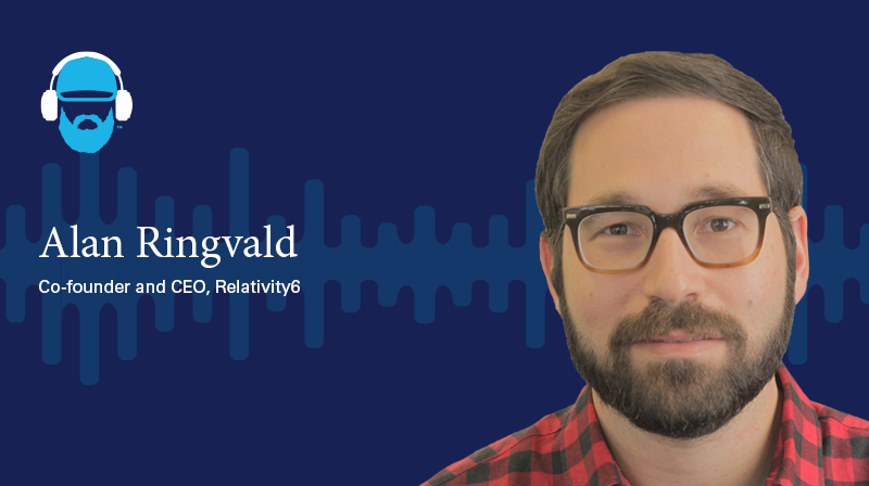 A photo of Alan Ringvald Co0Founder and CEO, Relativity6 on a dark blue background with a soundwave design 