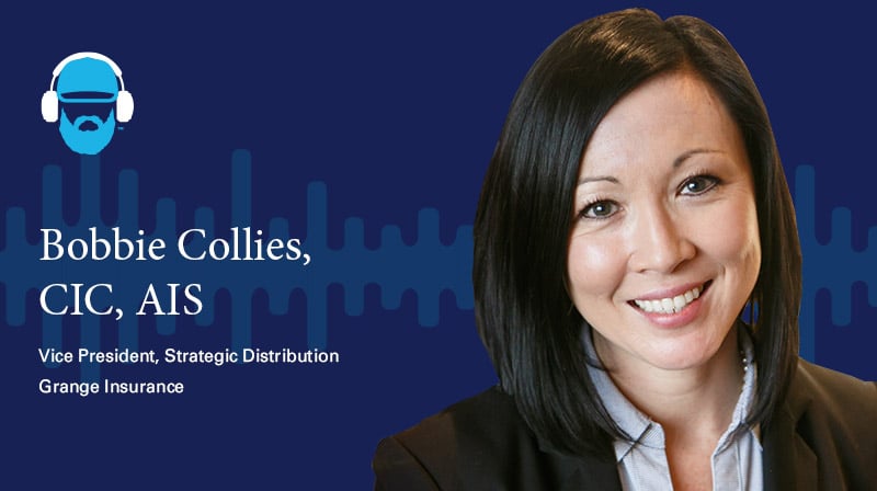 A photo of Bobbie Collies, CIC, AIS Vice President, Strategic Distribution Grange Insurance on a dark blue background with a soundwave design 
