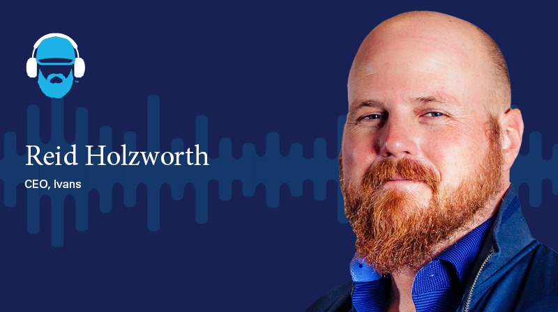 A photo of Reid Holzworth CEO, Ivans on a dark blue background with a sound wave design 