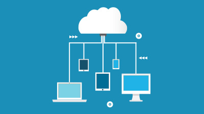 Graphic of cloud with various electronic devices connected by white lines.